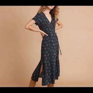 Marine Layer Emlyn Midi Wrap Dress in Black India Floral Print, Size XS, NWT